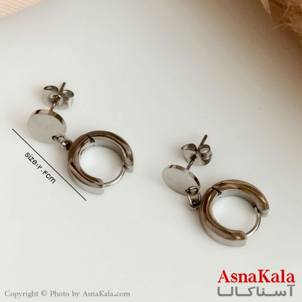 گوشواره آویز زنانه استیل مدل دایره و پرسینگی نقره ای کد GSH15461W