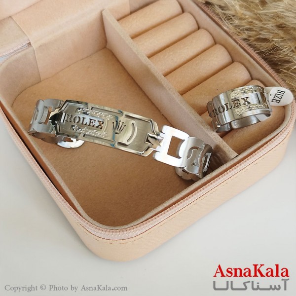 ست مردانه بنگل و انگشتر طرح رولکس فری سایز نقره ای کد NIM14451W