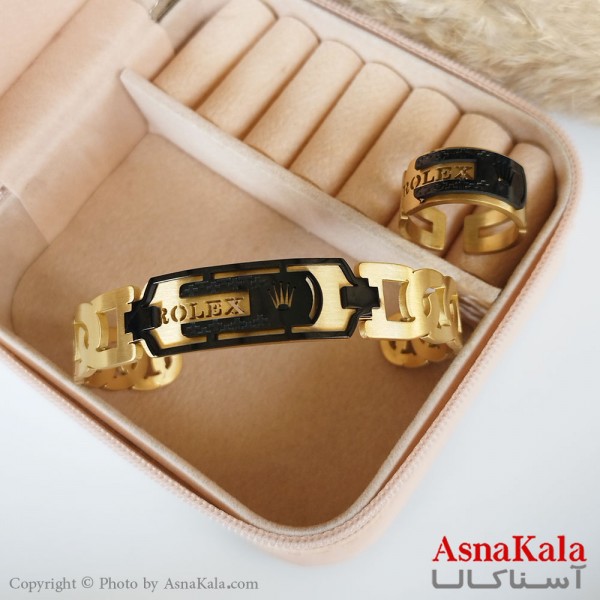 ست مردانه بنگل و انگشتر طرح رولکس فری سایز طلایی و مشکی  کد NIM14455W