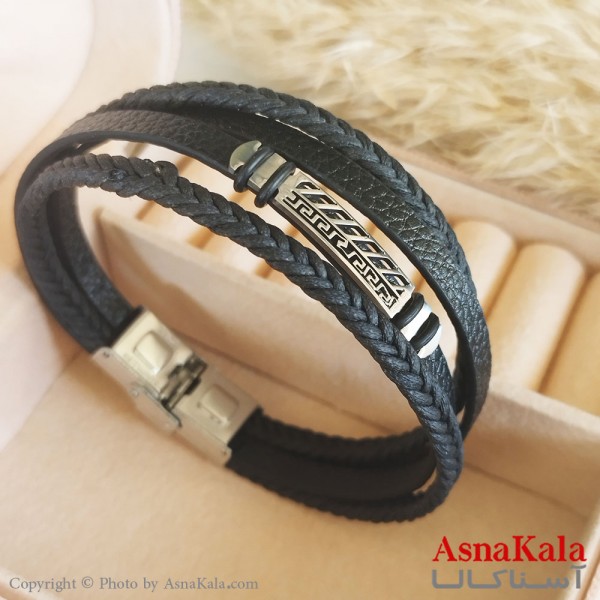 دستبند چرم مردانه طرح ورساچه پلاکدار نقره ای  کد DSB18432W
