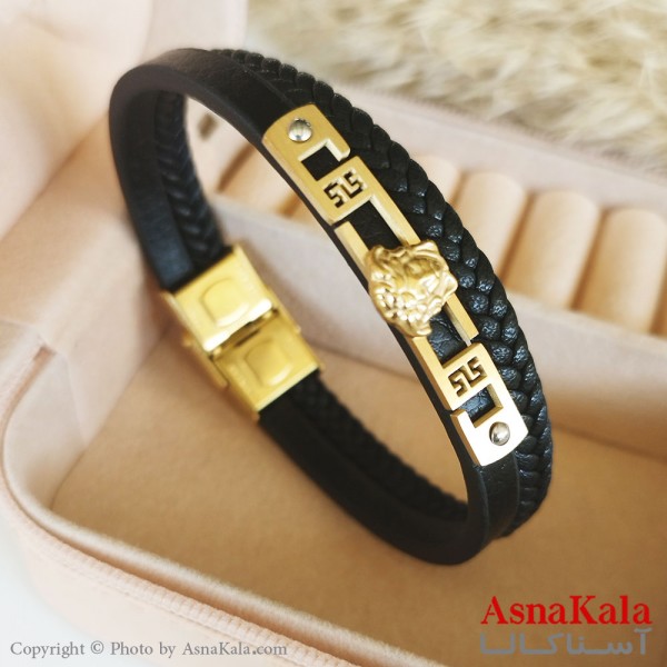 دستبند چرم مردانه طرح  ورساچه پلاکدار طلایی جدید کد DSB18433W