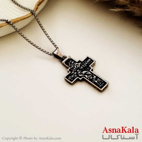گردنبند صلیب دو رو مسیح استیل سیاه قلم کد GNB16645W