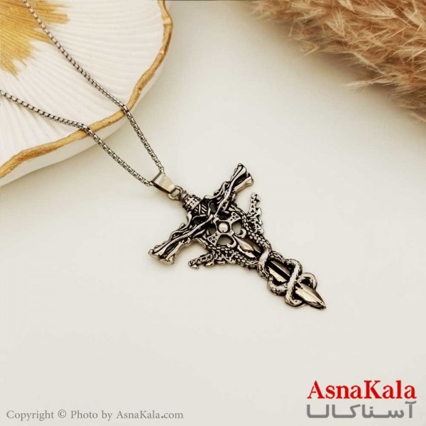 گردنبند مردانه صلیب و مار استیل سیاه قلم کد GNB16666W