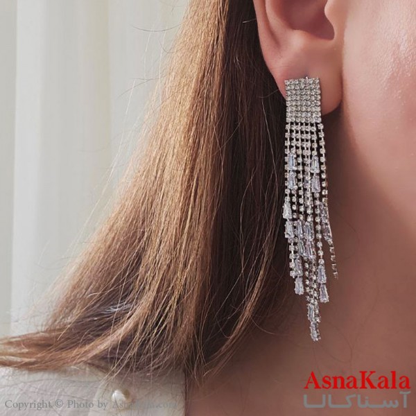 گوشواره مجلسی جواهری شرشره ای نگین دار نقره ای استیل کد GSH15473W