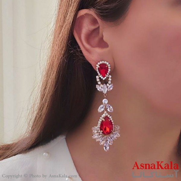 گوشواره آویز مجلسی جواهری نگین قرمز استیل کد GSH15475W