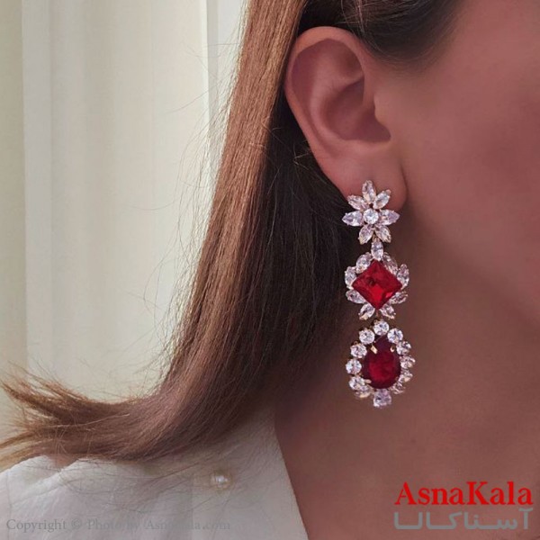 گوشواره مجلسی جواهری  مدل گل نگین قرمز استیل کد GSH15476W