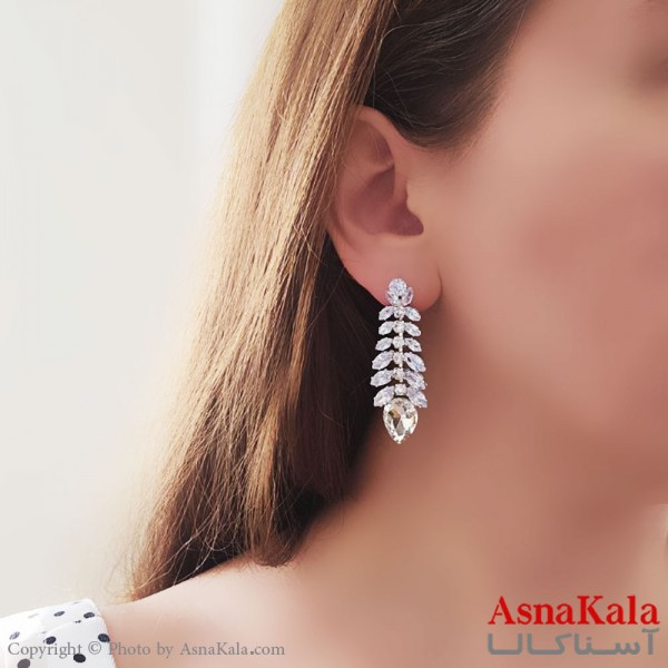 گوشواره آویز  مجلسی  جواهری مدل گندمی نگین دار نقره ای استیل کد GSH15486W