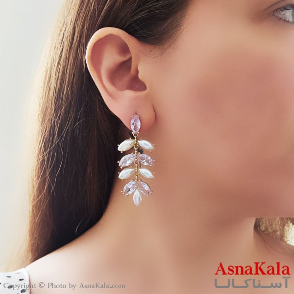 گوشواره  آویز مجلسی گندمی مرواریدی جواهری نگین دار استیل کد GSH15493W