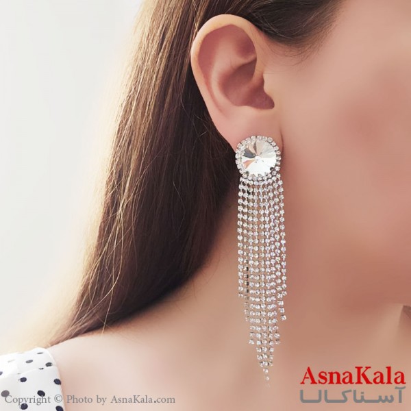 گوشواره  آویز مجلسی  جواهری مدل شرشره ای نگین دار استیل کد GSH15494W