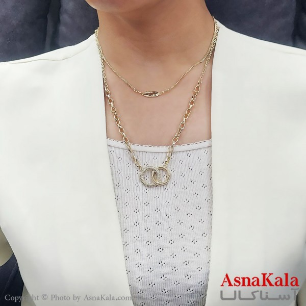 گردنبند کره ای دولاین حلقه درحلقه  استیل طلایی کد GNB16705W