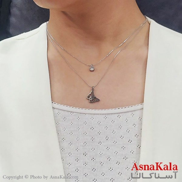 گردنبند دولاین ترند استیل پروانه و تک نگین کد GNB16720W