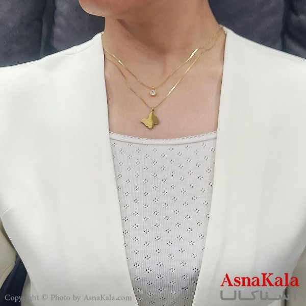 گردنبند زنانه دولاین ترند استیل پروانه و تک نگین کد GNB16727W