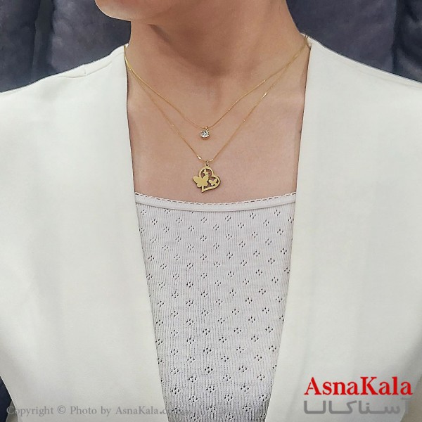 گردنبند زنانه دولاین ترند استیل قلب و پروانه و تک نگین کد GNB16729W