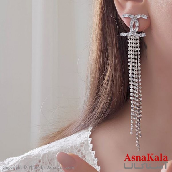 گوشواره آویز مجلسی  جواهری مدل کوکو شنل نگین دار استیل کد GSH15500W