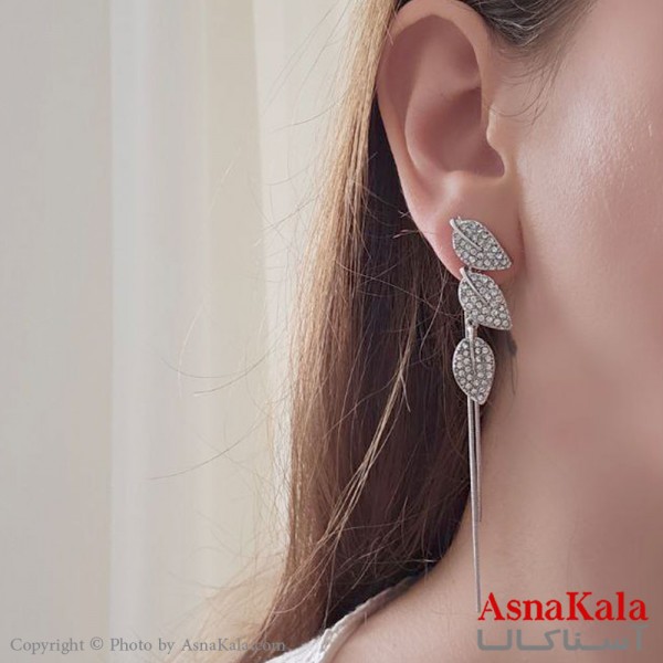 گوشواره آویز مجلسی  جواهری مدل برگ نگین دار استیل نقره ای کد GSH15502W