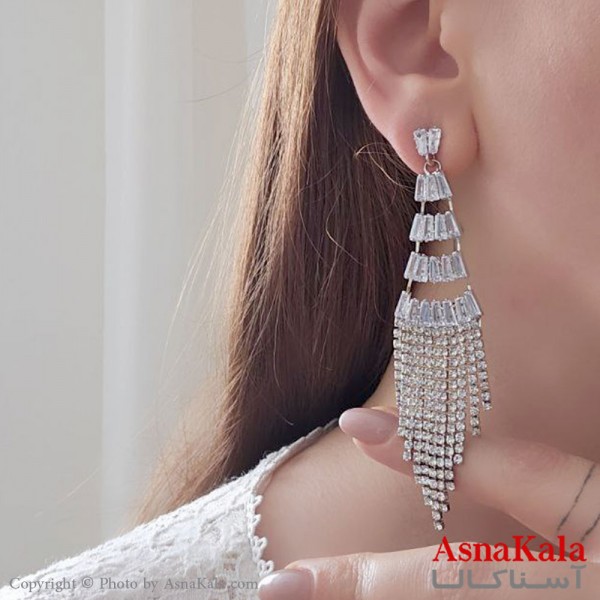 گوشواره آویز مجلسی جواهری مدل شرشره ای نگین دار استیل نقره ای کد GSH15503W