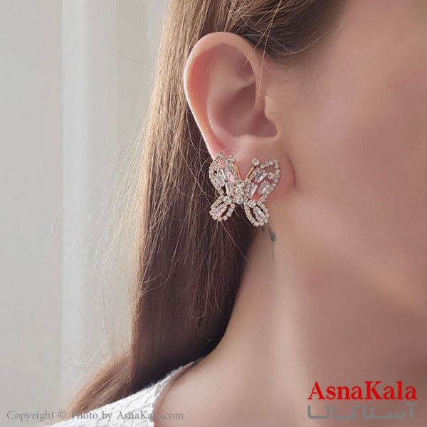 گوشواره آویز مجلسی جواهری مدل پروانه نگین دار استیل طلایی کد GSH15505W