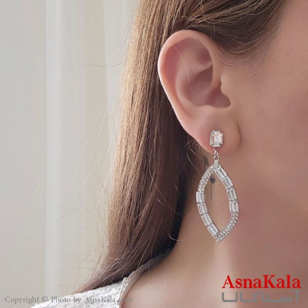 گوشواره آویز مجلسی جواهری مدل بیضی جدید نگین دار استیل نقره ای کد GSH15507W