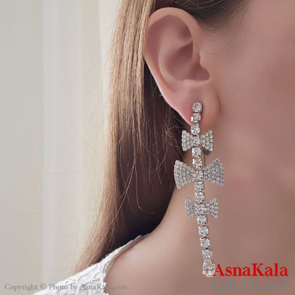 گوشواره آویز مجلسی جواهری مدل پاپیون نگین دار استیل نقره ای کد GSH15508W