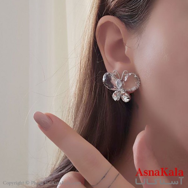 گوشواره مجلسی جواهری مدل پروانه نگین دار استیل نقره ای کد GSH15510W