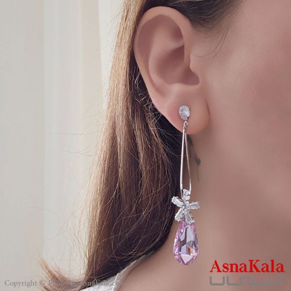 گوشواره آویز مجلسی جواهری مدل گل اشکی نگین دار استیل نقره ای کد GSH15511W