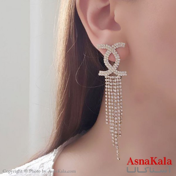 گوشواره آویز مجلسی جواهری مدل کوکو شنل نگین دار استیل طلایی کد GSH15513W