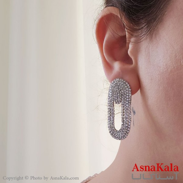گوشواره آویز مجلسی جواهری مدل بیضی فول نگین استیل نقره ای کد GSH15518W