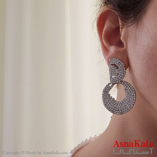 گوشواره آویز مجلسی جواهری مدل  دایره مدور شیک  استیل نقره ای کد GSH15520W