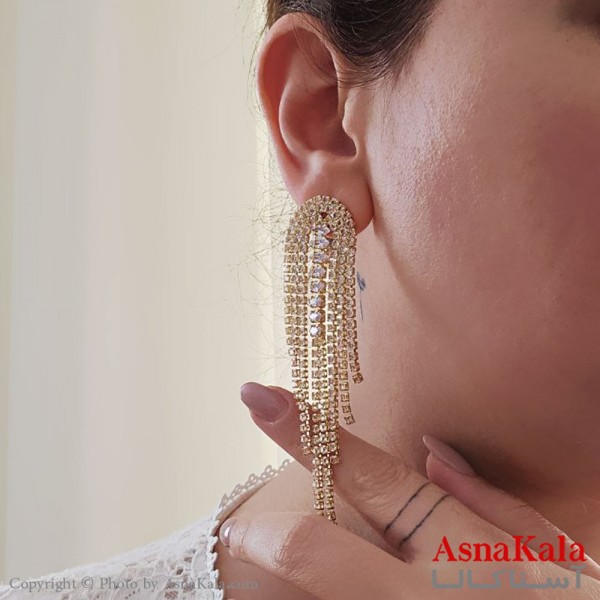 گوشواره آویز مجلسی جواهری مدل شرشره ای استیل طلایی کد GSH15525W