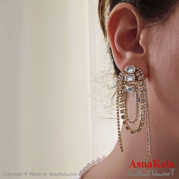گوشواره آویز مجلسی جواهری مدل شرشره ای شیک استیل طلایی کد GSH15526W