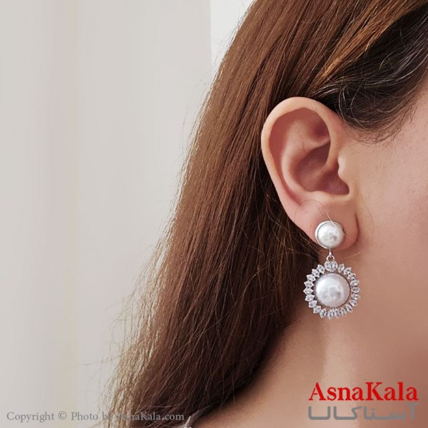 گوشواره آویز مجلسی جواهری مرواریدی شیک استیل نقره ای کد GSH15534W