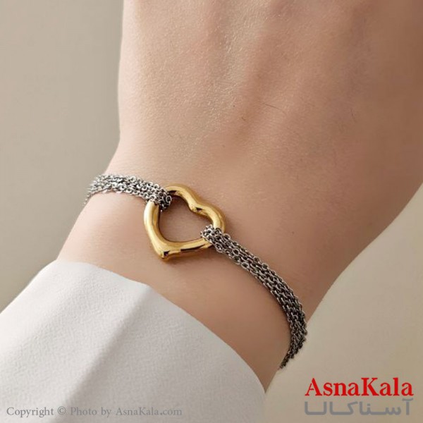 دستبند قلب زنجیری با قفل T استیل نقره ای  کد DSB18484W
