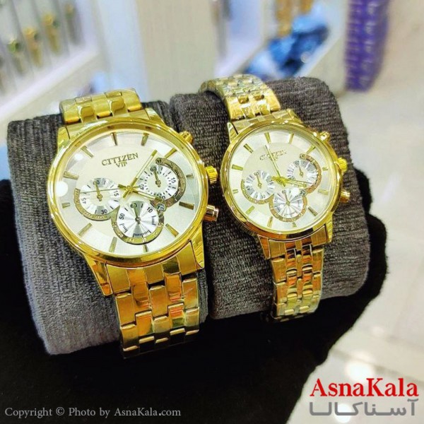 ساعت ست زنانه و مردانه سیتیزن طرح سه موتوره شرکتی موتورکوارتز طلایی رنگ ثابت و ضدآب کد WTCH11177W