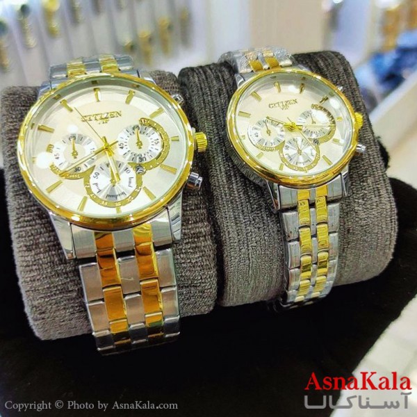 ساعت ست زنانه و مردانه سیتیزن طرح سه موتور شرکتی موتورکوارتز طلایی و نقره ای رنگ ثابت و ضدآب کد WTCH11180W