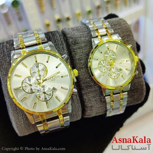 ساعت ست زنانه و مردانه سیتیزن شرکتی موتورکوارتز طلایی و نقره ای رنگ ثابت و ضدآب کد WTCH11184W