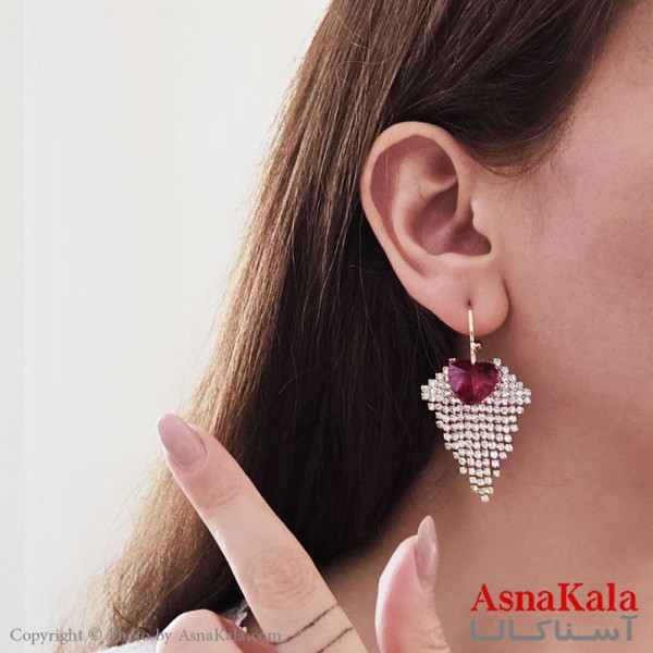 گوشواره آویز مجلسی جواهری شرشره ای قلبی شیک استیل کد GSH15540W