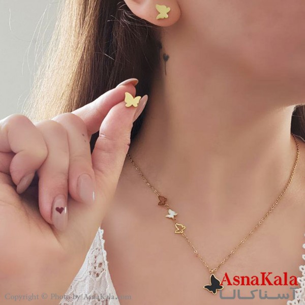 سرویس زنانه شامل گردنبند،گوشواره مدل پروانه رنگ طلایی کد NIM14480W