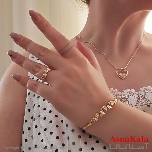 نیم ست زنانه ژوپینگ مدل قلب نگیندار شامل گردنبند،دستبند،انگشتر طرح طلا کد NIM14482W