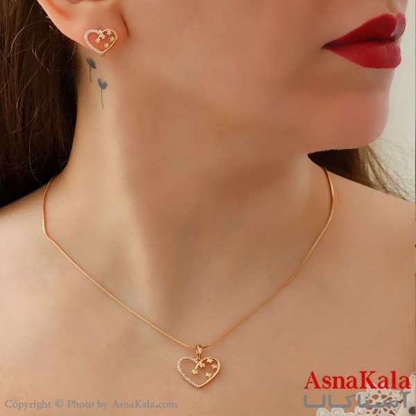 نیم ست زنانه ژوپینگ مدل قلب تک نگینی شامل گوشواره و گردنبند طرح طلا کد NIM14488W
