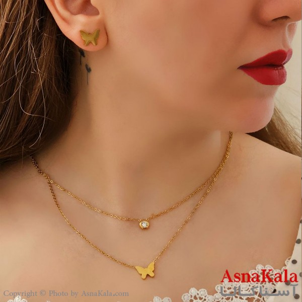 نیم ست زنانه شامل گردنبند و گوشواره  و دستبند مدل پروانه رنگ طلایی کد NIM14492W