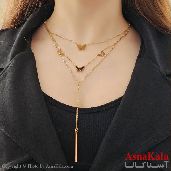 نیم ست زنانه سه لاین شامل گردنبند و گوشواره مدل پروانه رنگ طلایی کد NIM14495W