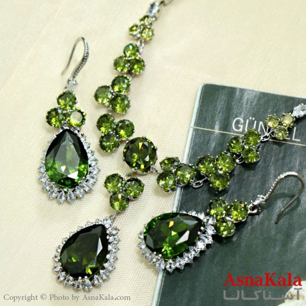 سرویس جواهری زنانه طرح مجلسی مدل گل اشکی جدید نگین سبز کد NIM14501W