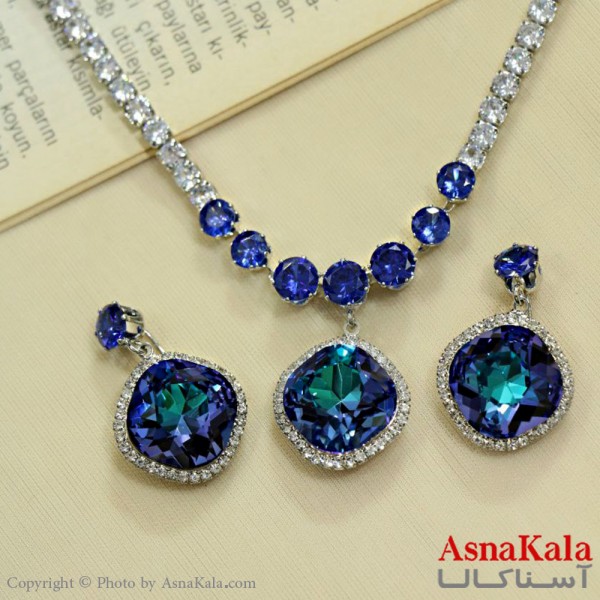 سرویس جواهری زنانه طرح مجلسی مدل دایره جدید نگین  آبی کد NIM14508W