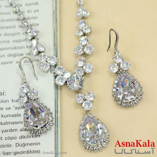 سرویس جواهری زنانه طرح مجلسی مدل دایره جدید اشکی خاص سفید کد NIM14510W