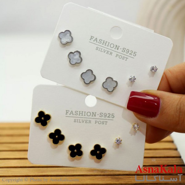 گوشواره زنانه استیل 316  پک 3 جفتی ونکلیف میخ نقره ای کد GSH15560W