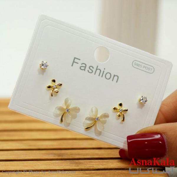 گوشواره زنانه استیل 316  پک 3 جفتی پروانه میخ نقره ای کد GSH15562W