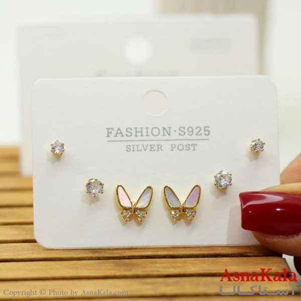 گوشواره زنانه استیل 316  پک 3 جفتی پروانه میخ نقره ای کد GSH15564W