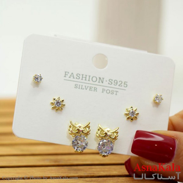 گوشواره زنانه استیل 316  پک 3 جفتی مدرن میخ نقره ای کد GSH15565W