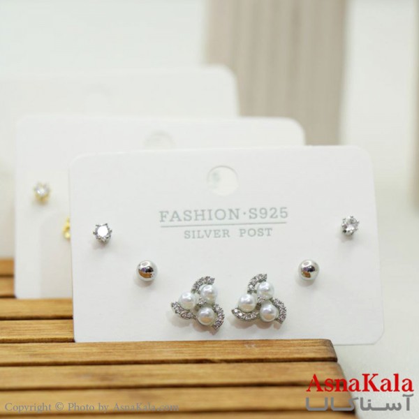 گوشواره زنانه استیل 316  پک 3 جفتی مدرن میخ نقره ای کد GSH15566W