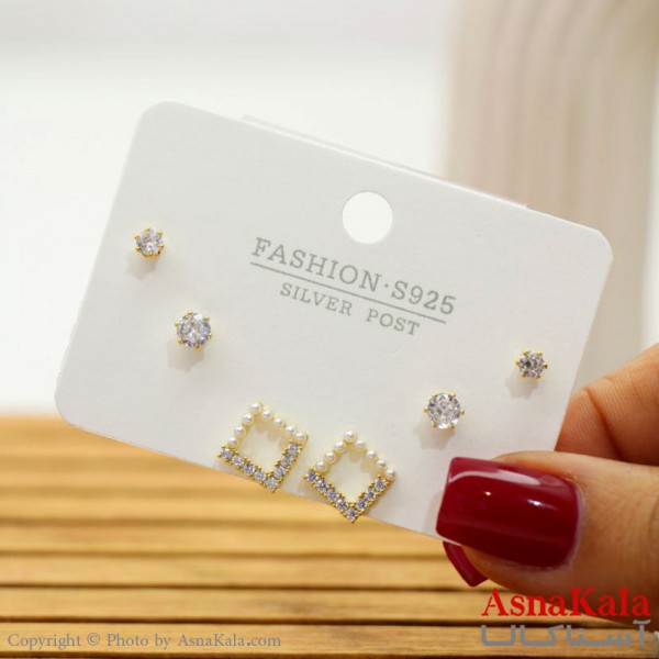 گوشواره زنانه استیل 316  پک 3 جفتی مدل لوز و تک نگین میخ نقره ای کد GSH15568W